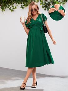 SHEIN Maternity Surplice Neck Knot Side Dress - Dark Green - View 1