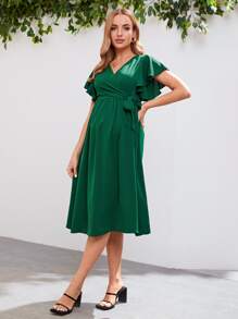 SHEIN Maternity Surplice Neck Knot Side Dress - Dark Green - View 3