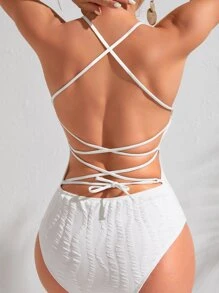 Plain Criss Cross One Piece Swimsuit - White - View 1