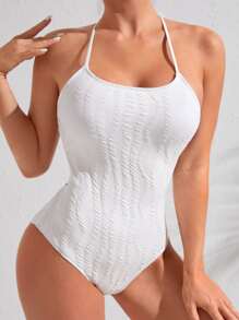 Plain Criss Cross One Piece Swimsuit - White - View 2