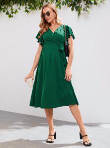 SHEIN Maternity Surplice Neck Knot Side Dress - Dark Green - View 5