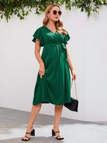 SHEIN Maternity Surplice Neck Knot Side Dress - Dark Green - View 6