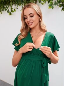 SHEIN Maternity Surplice Neck Knot Side Dress - Dark Green - View 7