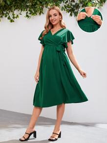SHEIN Maternity Surplice Neck Knot Side Dress - Dark Green - View 8