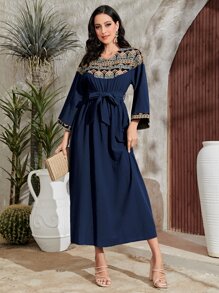 Al Najma 幾何印花荷葉袖繫腰帶連衣裙 - 彩色 - 查看 4