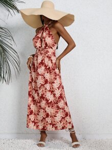 SHEIN VCAY Tropical Print Tie Backless Halter Dress - Burgundy - View 1
