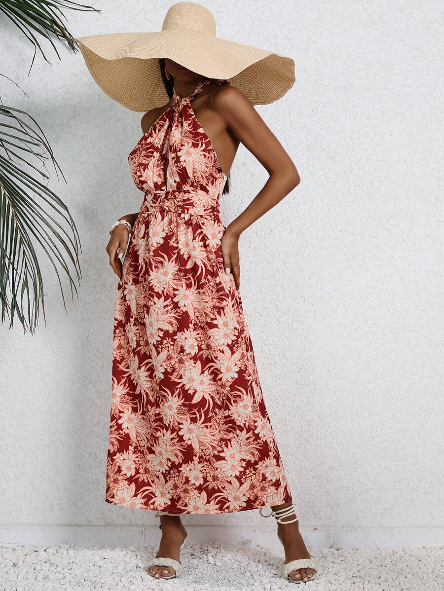 SHEIN VCAY Tropical Print Tie Backless Halter Dress - Burgundy - View 1