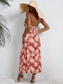 SHEIN VCAY Tropical Print Tie Backless Halter Dress - Burgundy - View 2
