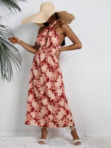 SHEIN VCAY Tropical Print Tie Backless Halter Dress - Burgundy - View 3