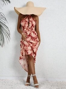 SHEIN VCAY Tropical Print Tie Backless Halter Dress - Burgundy - View 4