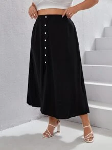 SHEIN VCAY Plus High Waist Button Front Skirt - Black - View 3