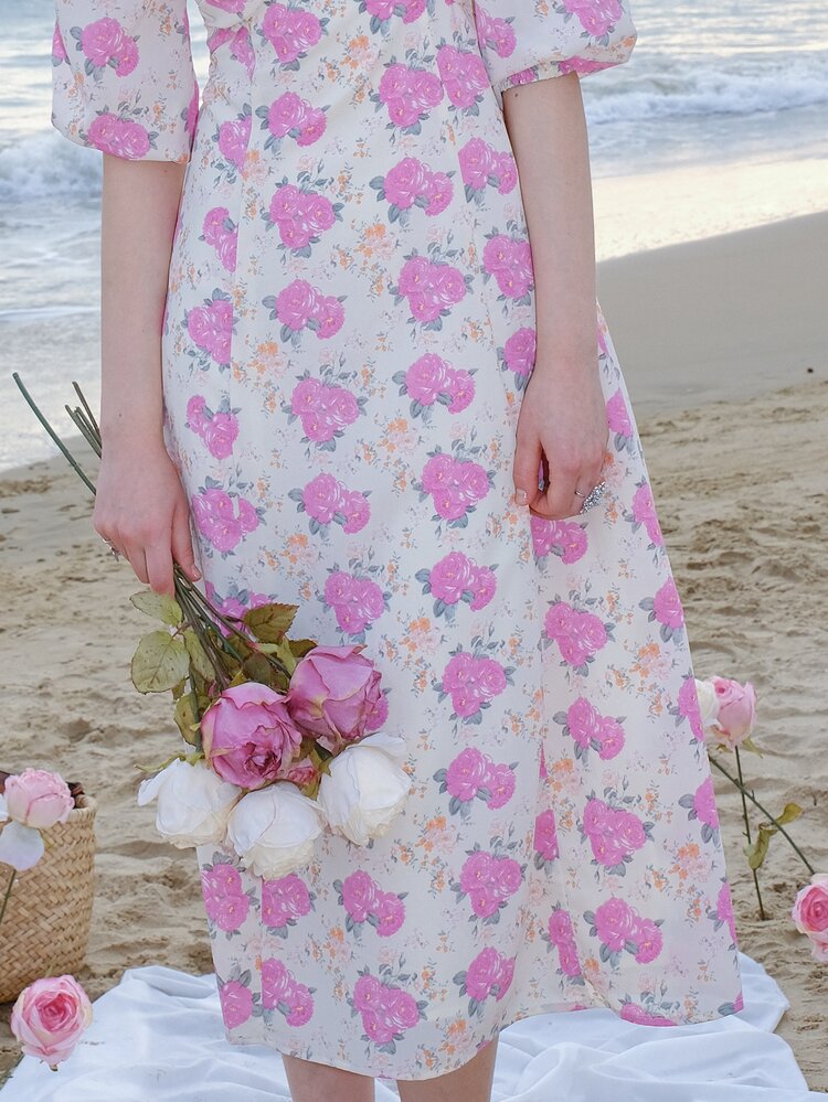 Vestido con estampado floral de manga farol - Multicolor - Añade 2