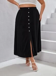 SHEIN VCAY Plus High Waist Button Front Skirt - Black - View 4