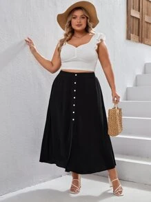 SHEIN VCAY Plus High Waist Button Front Skirt - Black - View 5