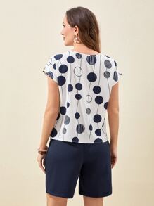 EMERY ROSE 波卡圓點蝙蝠袖上衣和腰部抽繩短褲 - 藍白色 - 查看 2