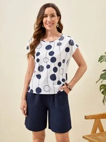 EMERY ROSE 波卡圓點蝙蝠袖上衣和腰部抽繩短褲 - 藍白色 - 查看 3