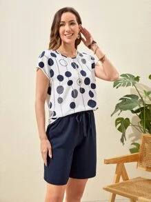 EMERY ROSE 波卡圓點蝙蝠袖上衣和腰部抽繩短褲 - 藍白色 - 查看 5