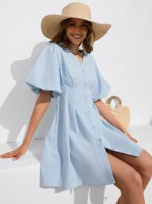 Aveloria Puff Sleeve Button Front Dress - Baby Blue - View 1