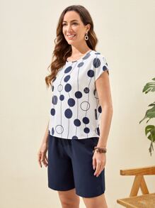 EMERY ROSE 波卡圓點蝙蝠袖上衣和腰部抽繩短褲 - 藍白色 - 查看 6