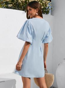 Aveloria Puff Sleeve Button Front Dress - Baby Blue - View 2