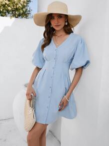Aveloria Puff Sleeve Button Front Dress - Baby Blue - View 4