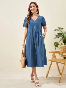 EMERY ROSE 單排釦斜口袋素色連衣裙 - 霧霾藍 - 查看 1