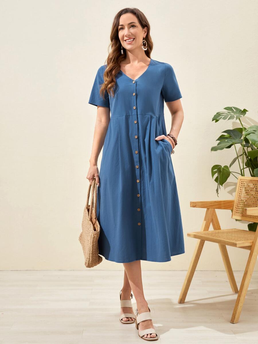 EMERY ROSE 單排釦斜口袋素色連衣裙 - 霧霾藍 - 查看 1
