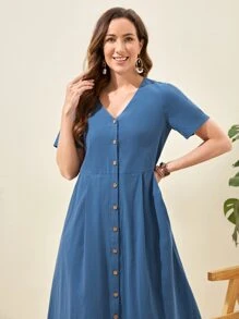 EMERY ROSE 單排釦斜口袋素色連衣裙 - 霧霾藍 - 查看 3