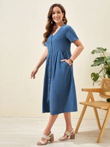 EMERY ROSE 單排釦斜口袋素色連衣裙 - 霧霾藍 - 查看 4