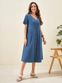 EMERY ROSE 單排釦斜口袋素色連衣裙 - 霧霾藍 - 查看 5