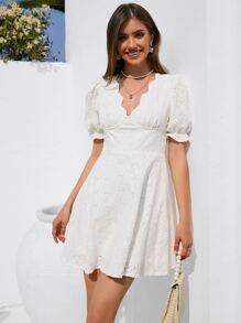 SHEIN Frenchy 泡泡袖貝殼邊網眼刺繡洋裝