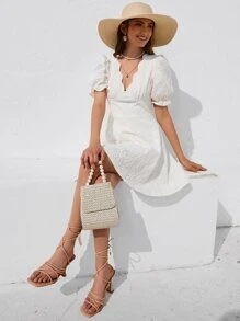 SHEIN Frenchy 泡泡袖貝殼邊網眼刺繡洋裝