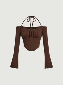 SHEIN MOD 後綁帶一字肩胸部褶皺荷葉袖頭巾下擺 T恤 - 巧克力棕 - 查看 1