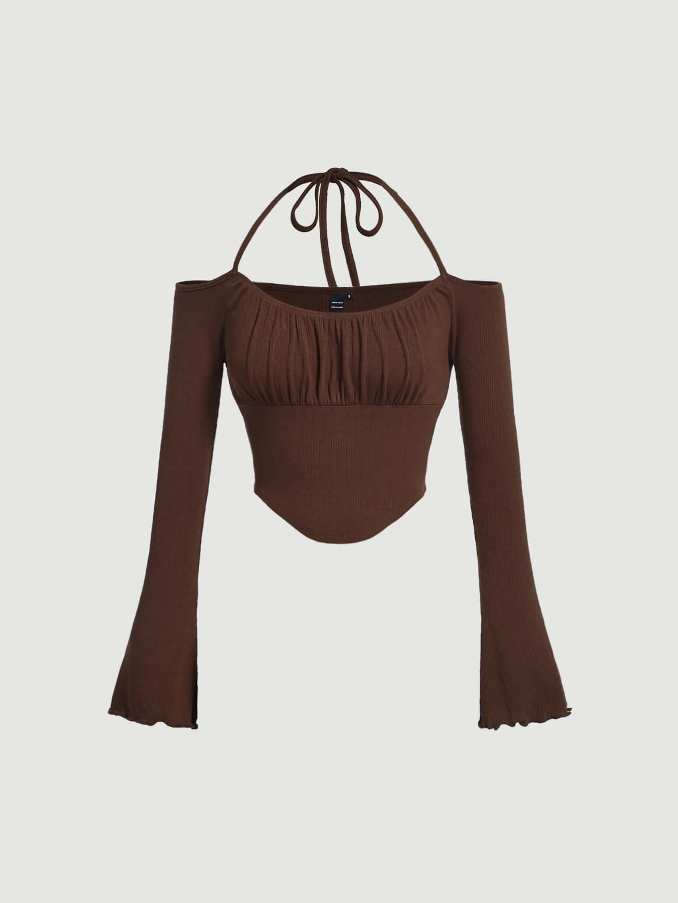 SHEIN MOD 後綁帶一字肩胸部褶皺荷葉袖頭巾下擺 T恤 - 巧克力棕 - 查看 1