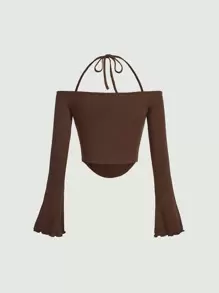 SHEIN MOD 後綁帶一字肩胸部褶皺荷葉袖頭巾下擺 T恤 - 巧克力棕 - 查看 2