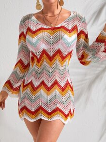 Chevron Pattern Pointelle Knit Cover Up - Multicolor - View 2