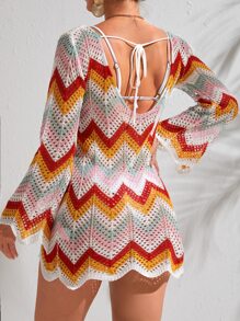 Chevron Pattern Pointelle Knit Cover Up - Multicolor - View 1