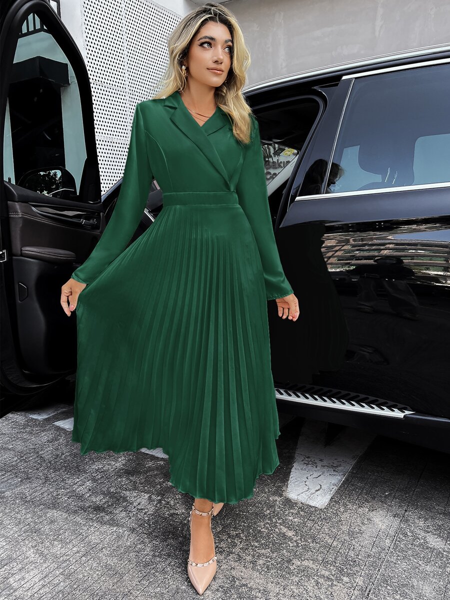 SHEIN Privé Đầm Xếp li Trọn gói màu trơn Thanh lịch - màu xanh lá - Xem 1