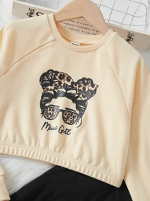 SHEIN Niñas Pullover con estampado de figura de manga raglán & Pantalones deportivos desgarro - Albaricoque - Ver 3