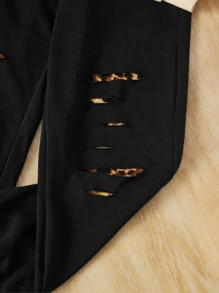 SHEIN Niñas Pullover con estampado de figura de manga raglán & Pantalones deportivos desgarro - Albaricoque - Ver 4