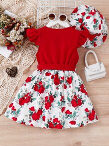 小女童印花荷葉邊繫腰帶洋裝和帽