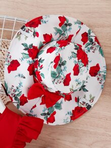 小女童印花荷葉邊繫腰帶洋裝和帽