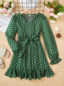 SHEIN Teen Girls' V-Neck Long Sleeve Polka Dot Casual Dress - Dark Green - View 1