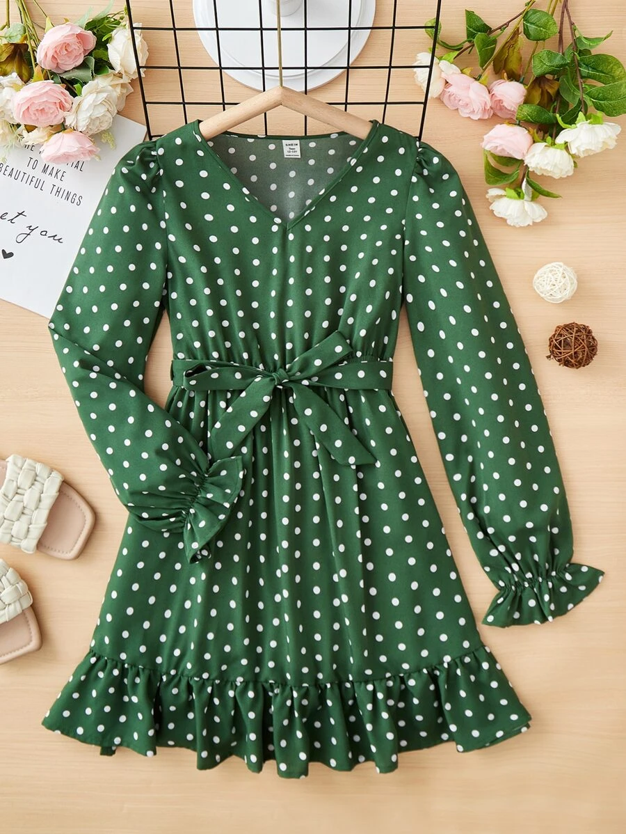SHEIN Teen Girls' V-Neck Long Sleeve Polka Dot Casual Dress - Dark Green - View 1