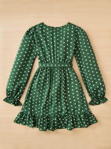 SHEIN Teen Girls' V-Neck Long Sleeve Polka Dot Casual Dress - Dark Green - View 2