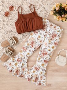 SHEIN Vintaside Kids 年輕女孩蝴蝶結前置背心上衣和花卉印花喇叭褲