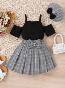SHEIN Young Girl Cold Shoulder Tee & Plaid Pleated Bow Front Skirt & Hat