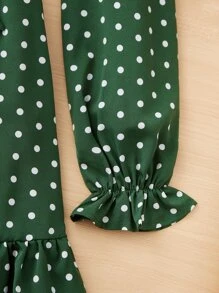 SHEIN Teen Girls' V-Neck Long Sleeve Polka Dot Casual Dress - Dark Green - View 3