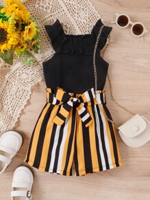 SHEIN Toddler Girls Ruffle Trim Cami Top & Striped Belted Shorts - Multicolor - View 1
