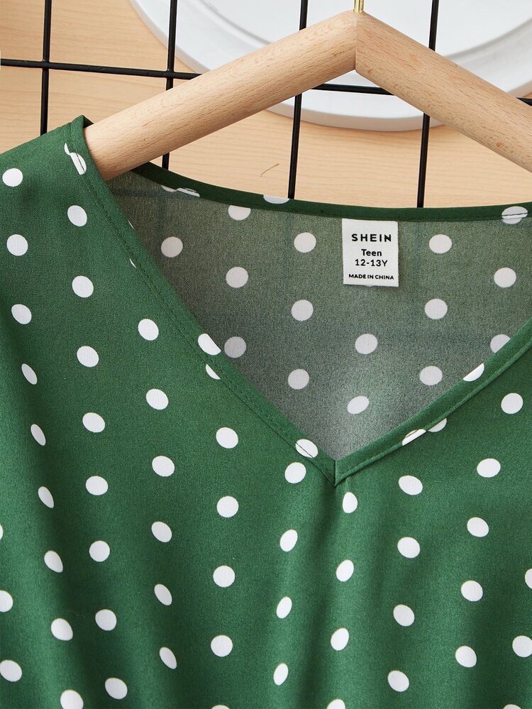 SHEIN 少女V领长袖波点休闲连衣裙 - 墨綠色 - 查看 5